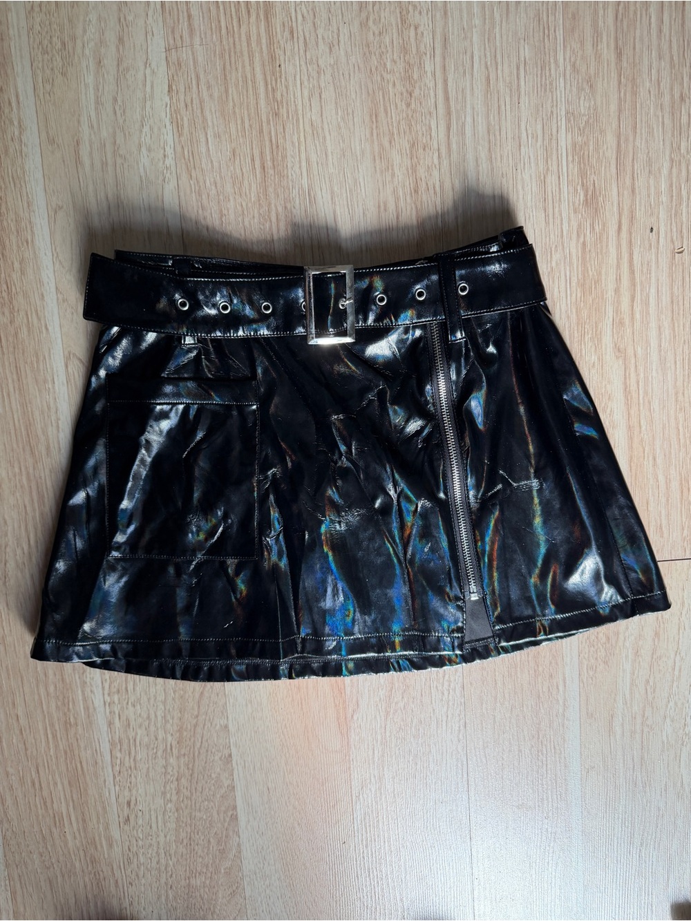 Black Faux Leather Mini Skirt with Belt